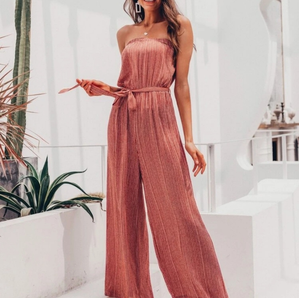 Striped Wide Leg Tube Jumpsuit